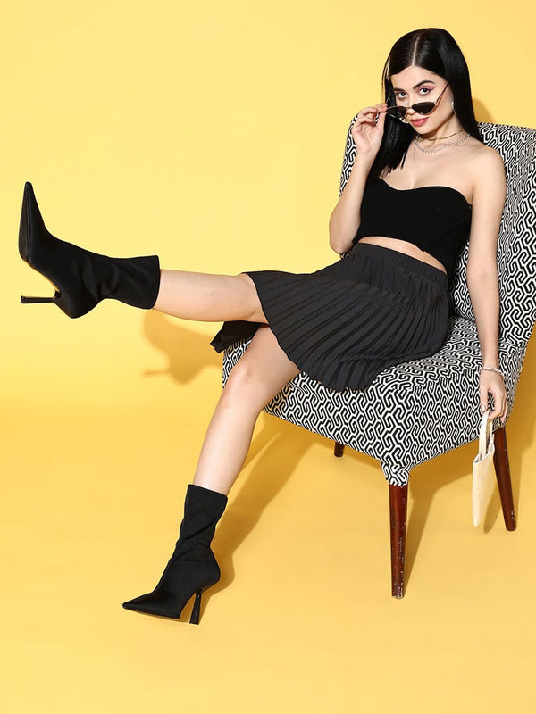 Berrylush   Black Solid Accordion Pleated Plisse Skirt