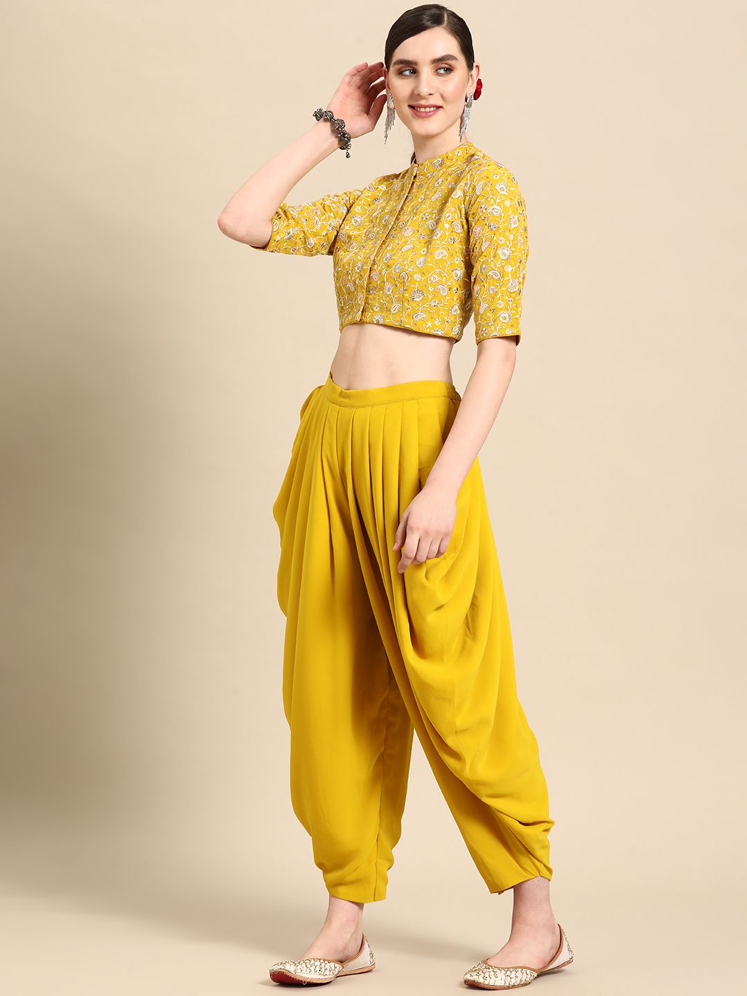 Libas Pure Georgette Ruffled Detail Dhoti Saree with Stitched Blouse