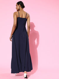 Berrylush Women Deep Navy Blue Solid Sweetheart Neck Dress