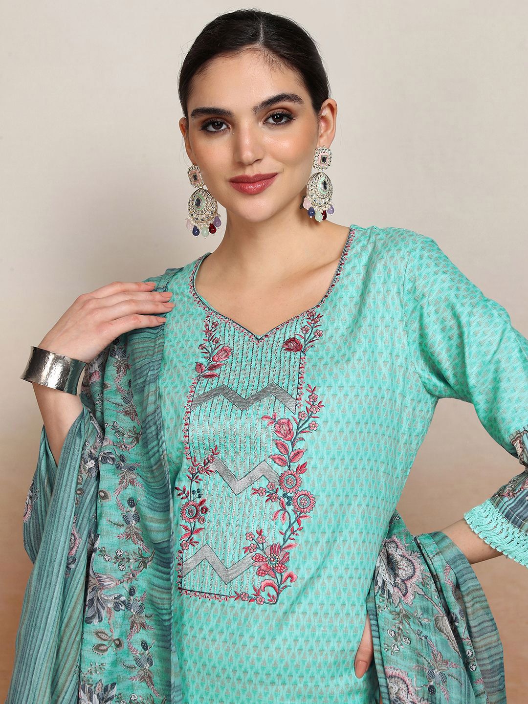 Vishudh  Ethnic Motifs Embroidered Pure Cotton Straight Kurta & Trousers With Dupatta