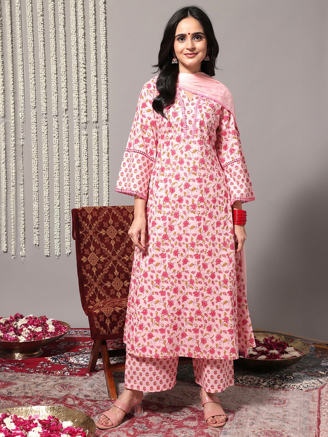 Varanga Floral Printed Pure Cotton A-Line Kurta With Trousers & Dupatta