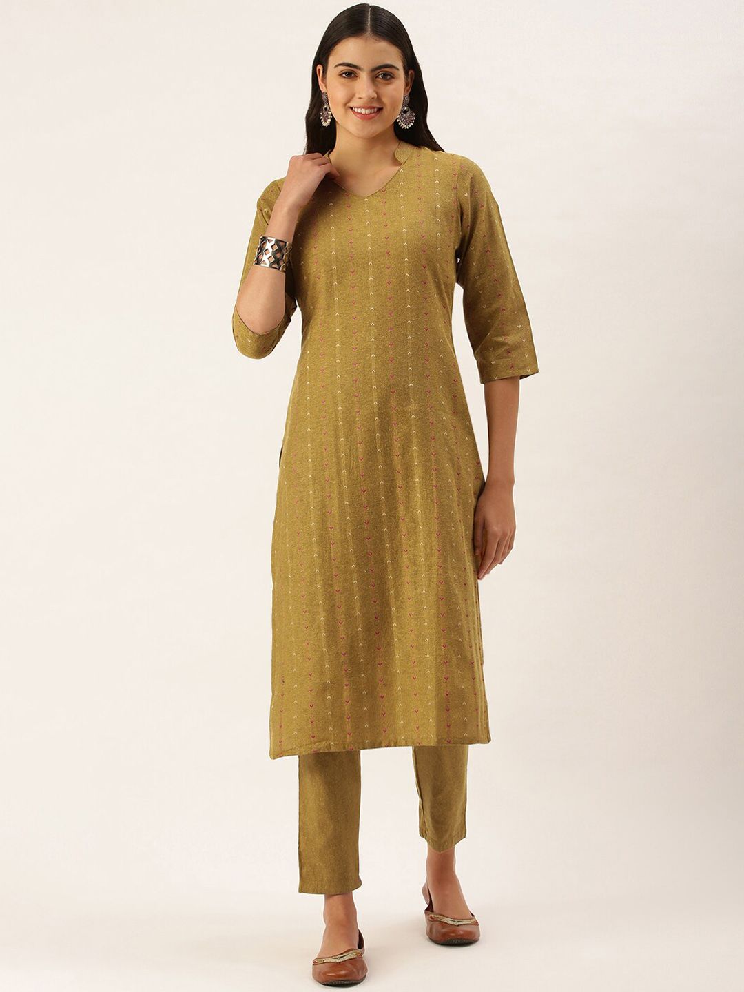 KALINI Woven Design Mandarin Collar Regular Kurta With Trousers
