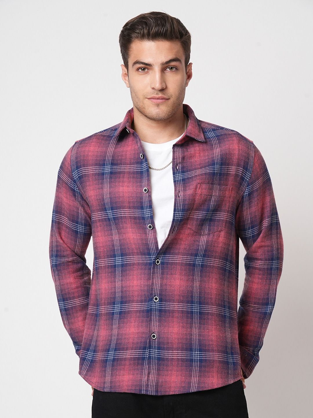VASTRADO Men Classic Fit Spread Collar Checked Cotton Casual Shirt