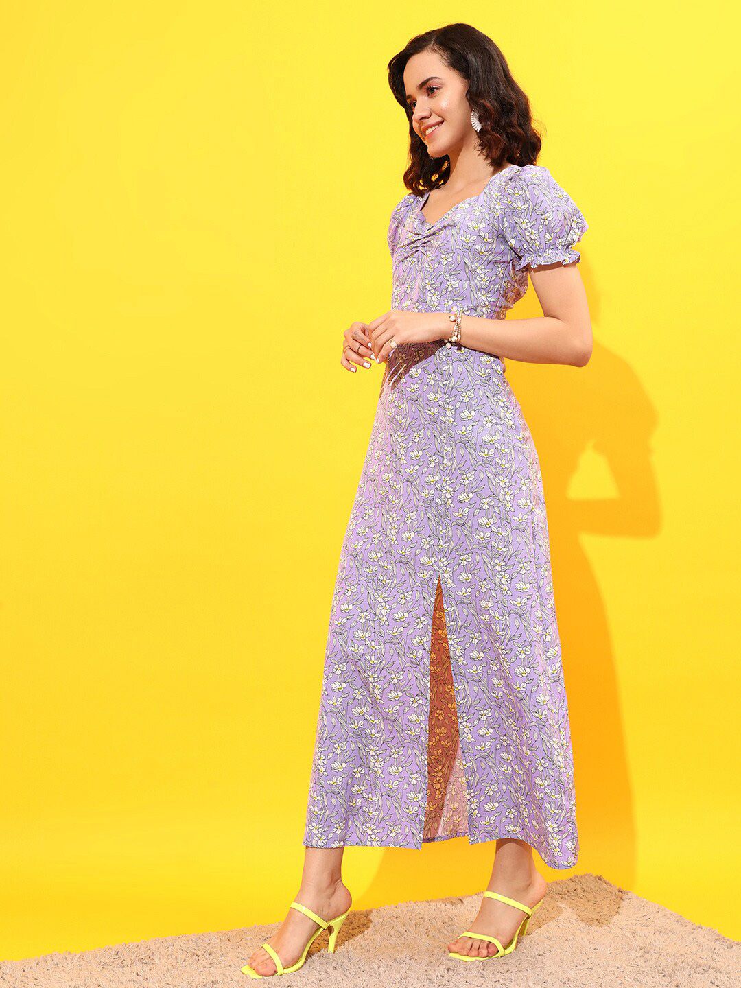 STREET 9 Floral Printed Sweetheart Neck Puff Sleeves A-Line Dress