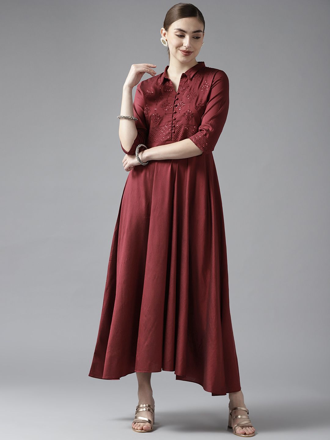 W Maroon Ethnic Motifs Embroidered Maxi Dress
