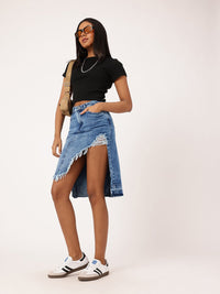 DressBerry Women Urban Edge High Rise Ripped Denim Faded Asymmetric A-Line Skirt