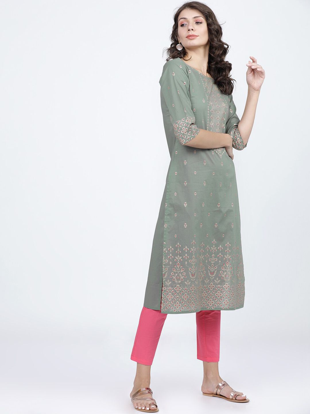Vishudh Women Olive Ethnic Motifs Printed Cotton Kurta