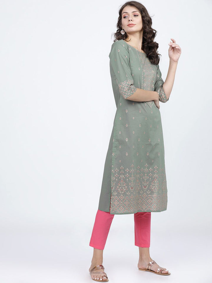 Vishudh Women Olive Ethnic Motifs Printed Cotton Kurta