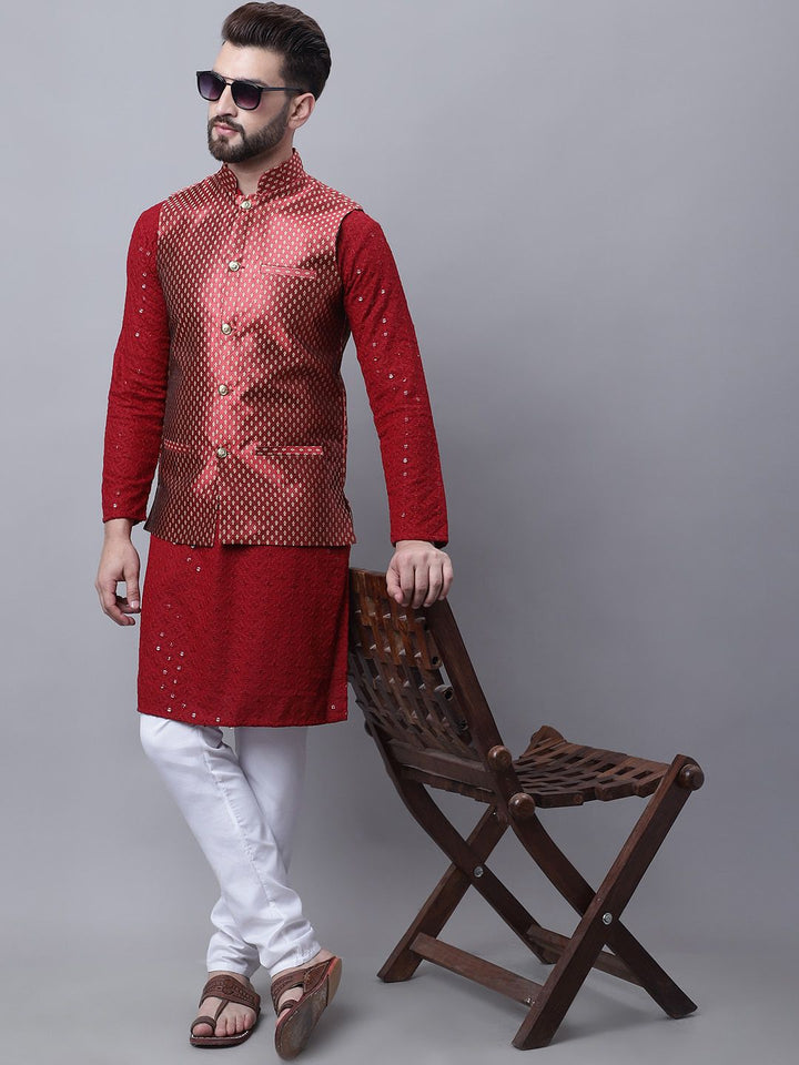 SOJANYA Kurta Kapas Tulen Sulam Bunga Lelaki Dengan Piyama & Jaket Nehru