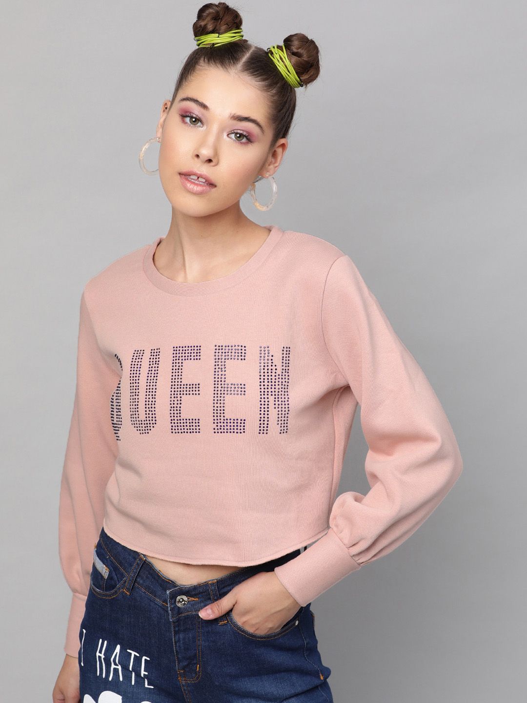 STREET 9 Women Pink Printed Pure Cotton Crop Sweatshirt