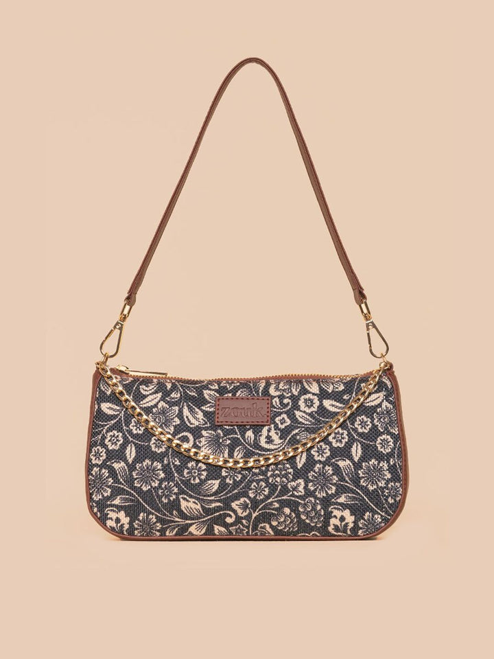 ZOUK Black Floral Printed Structured Baguette Bag with Applique