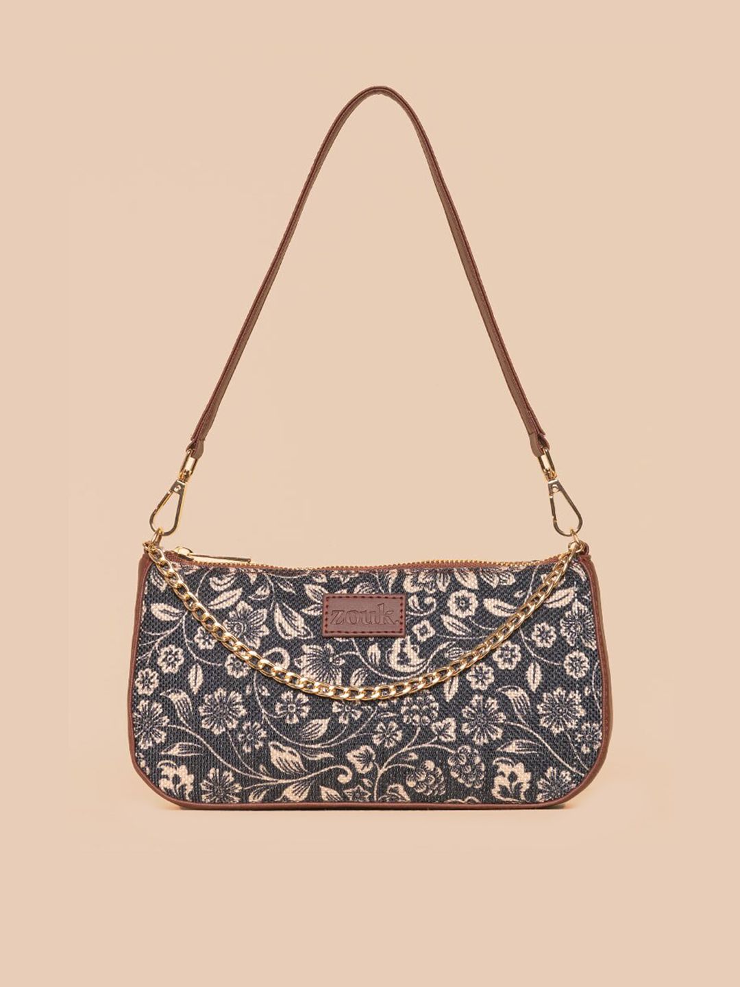 ZOUK Black Floral Printed Structured Baguette Bag with Applique