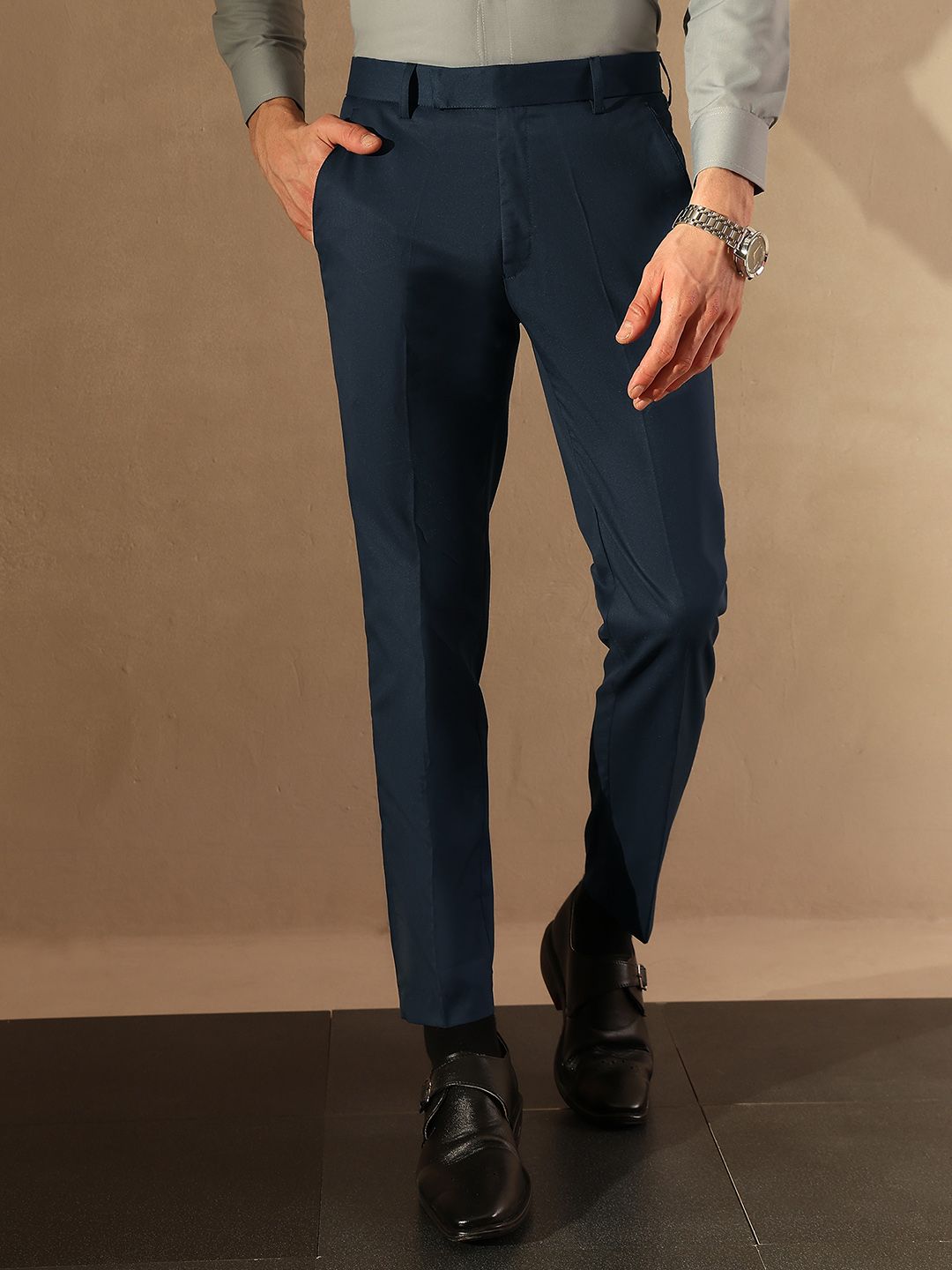 DENNISON Men Navy Blue Tapered Fit Trousers