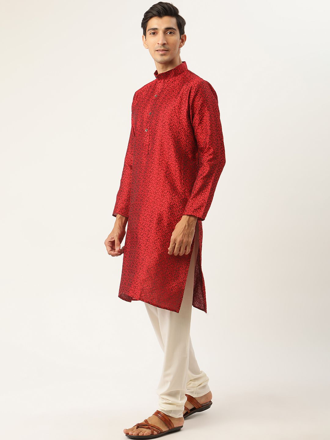 SOJANYA Men Maroon Jacquard Silk Kurta with Churidar & Nehru Jacket
