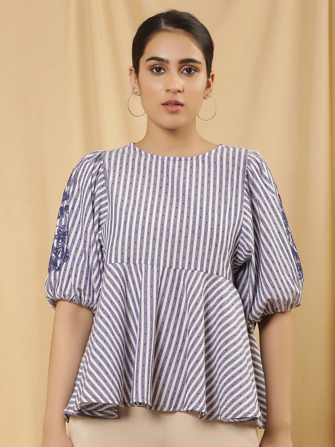 W Vertical Striped Puff Sleeves Cotton Peplum Top
