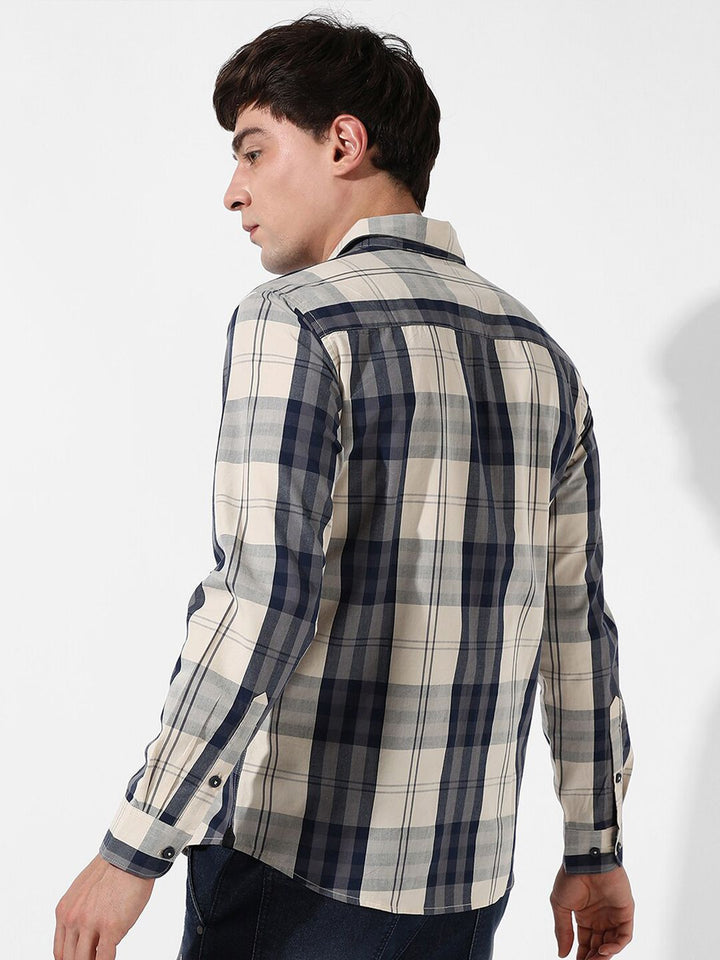 Kampus sutra navy biru klasik tartan memeriksa baju kasta kapas