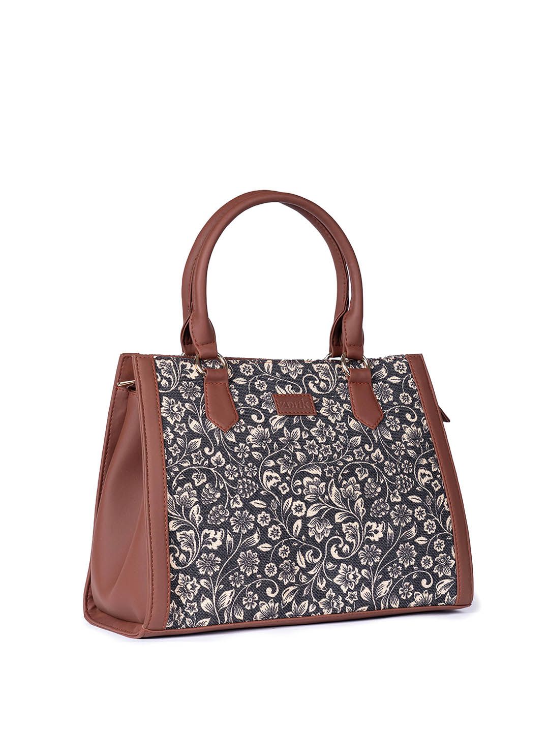 ZOUK =Floral Printed Structured Jute Handheld Bag