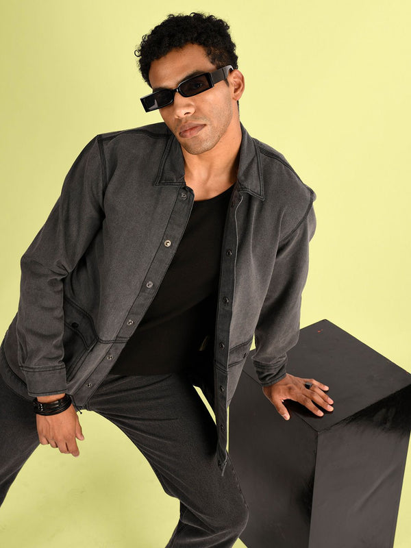 Bene Kleed Men Solid Spread Collar Washed Pure Cotton Denim Jacket