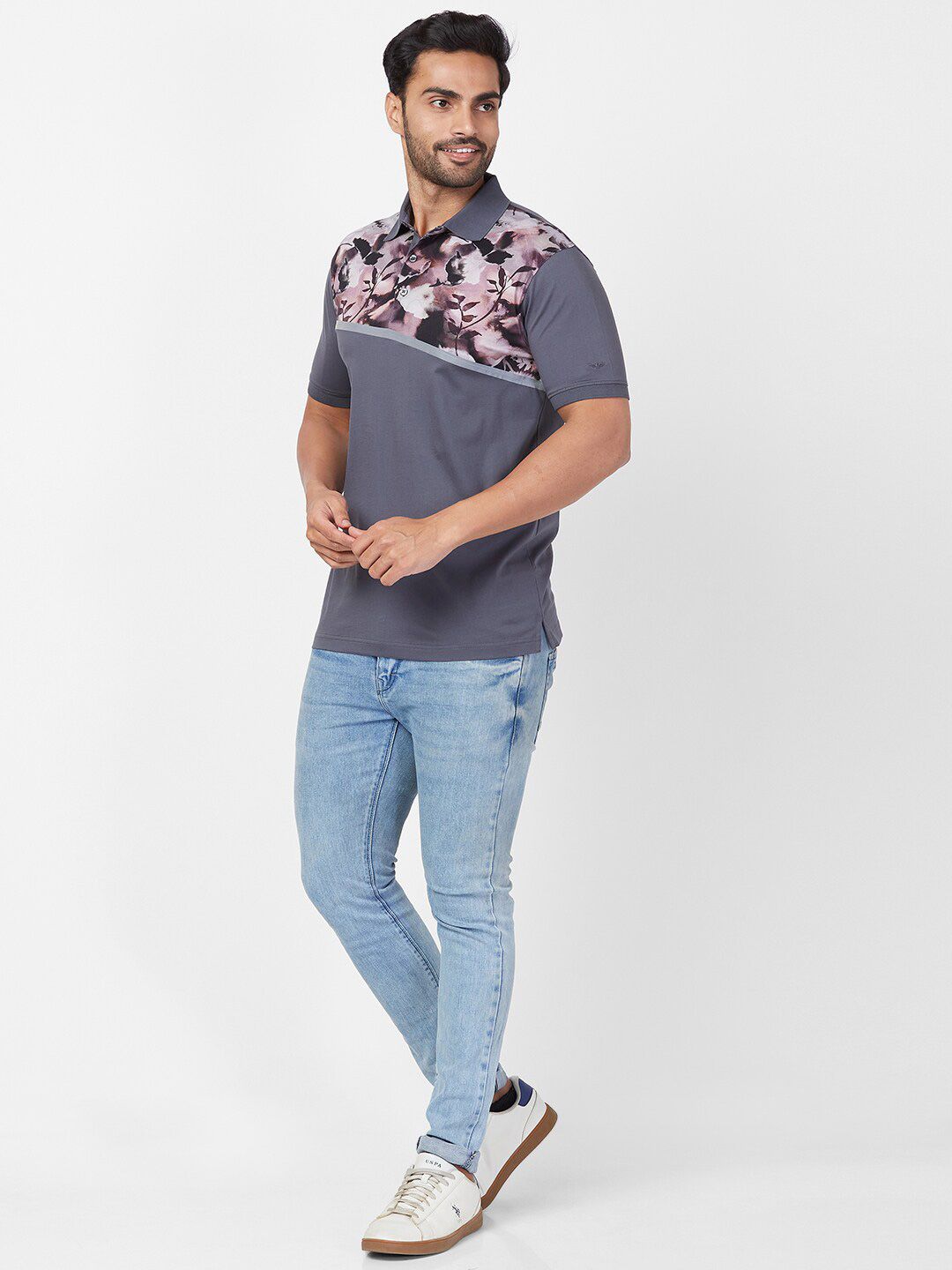 Park Avenue Floral Printed Polo Collar Pure Cotton Slim Fit T-shirt