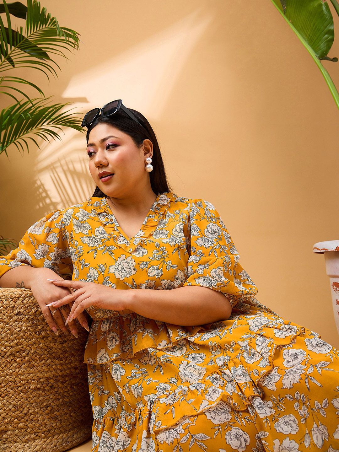 SASSAFRAS Curve Plus Size Floral Printed V-Neck Puff Sleeves Ruffle Georgette A-Line Dress