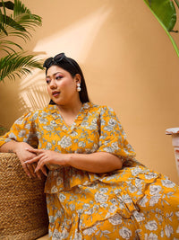 SASSAFRAS Curve Plus Size Floral Printed V-Neck Puff Sleeves Ruffle Georgette A-Line Dress
