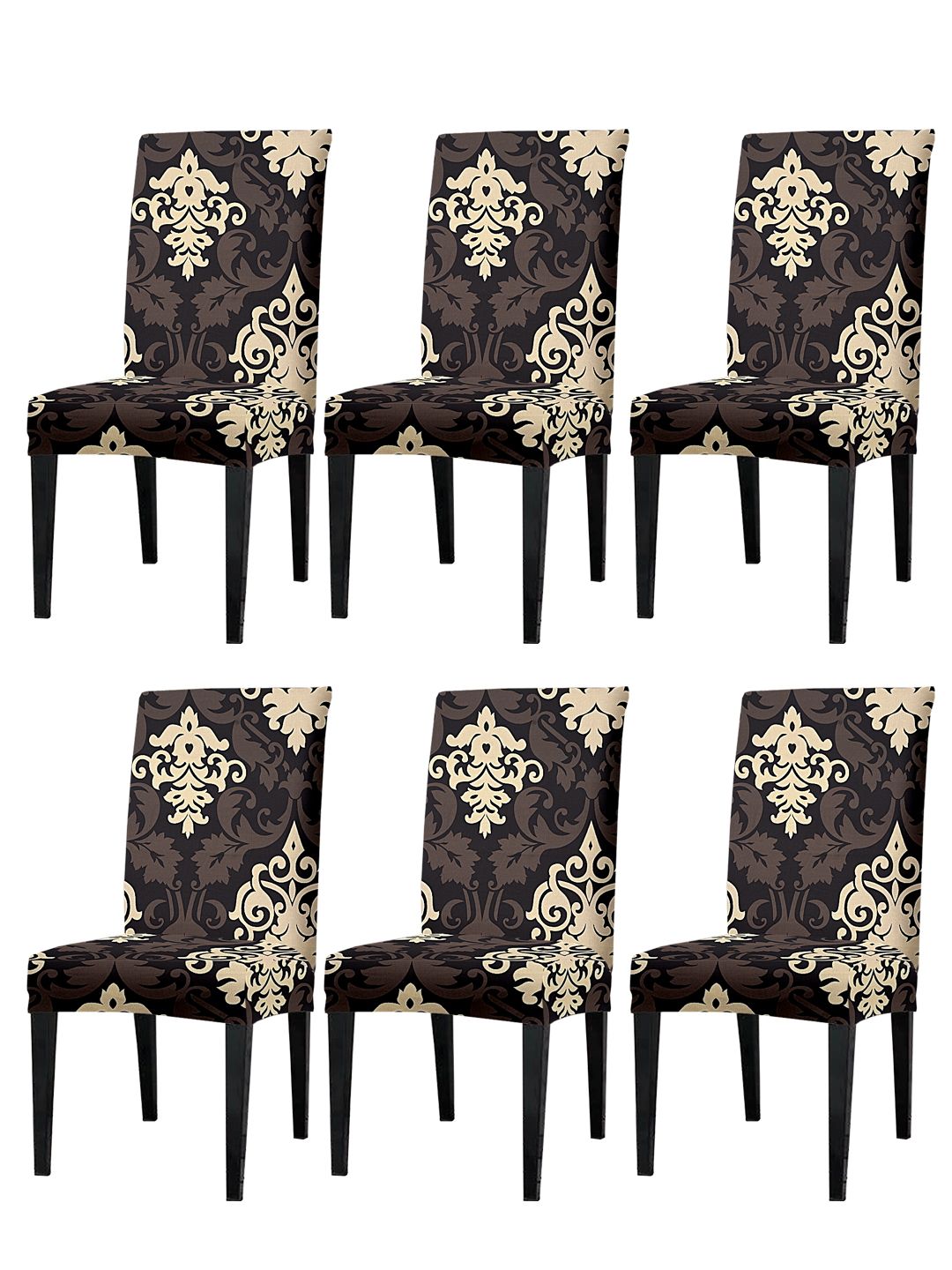 Cortina Black & Beige 6 Pieces Ethnic Motif Printed Super Stretchable Dining Chair Covers