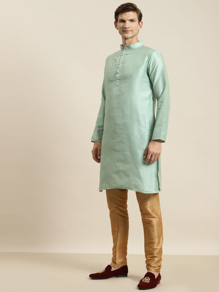 SOJANYA Men Sea Green Striped Kurta with Churidar