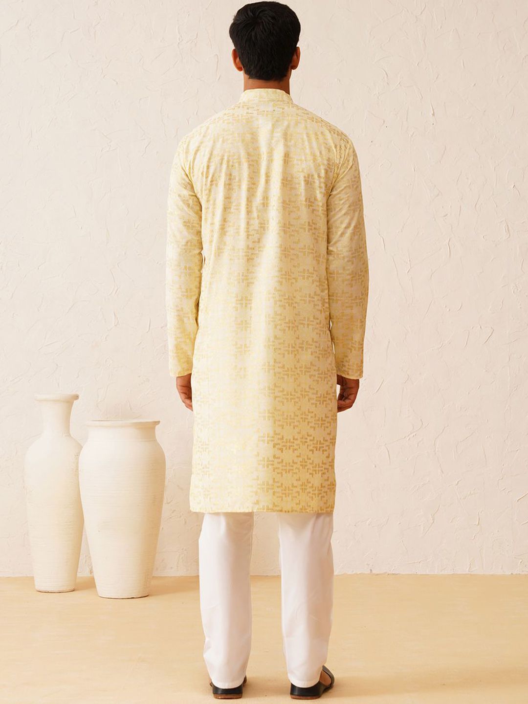 SOJANYA Geometric Woven Design Mandarin Collar Zari Cotton Straight Kurta