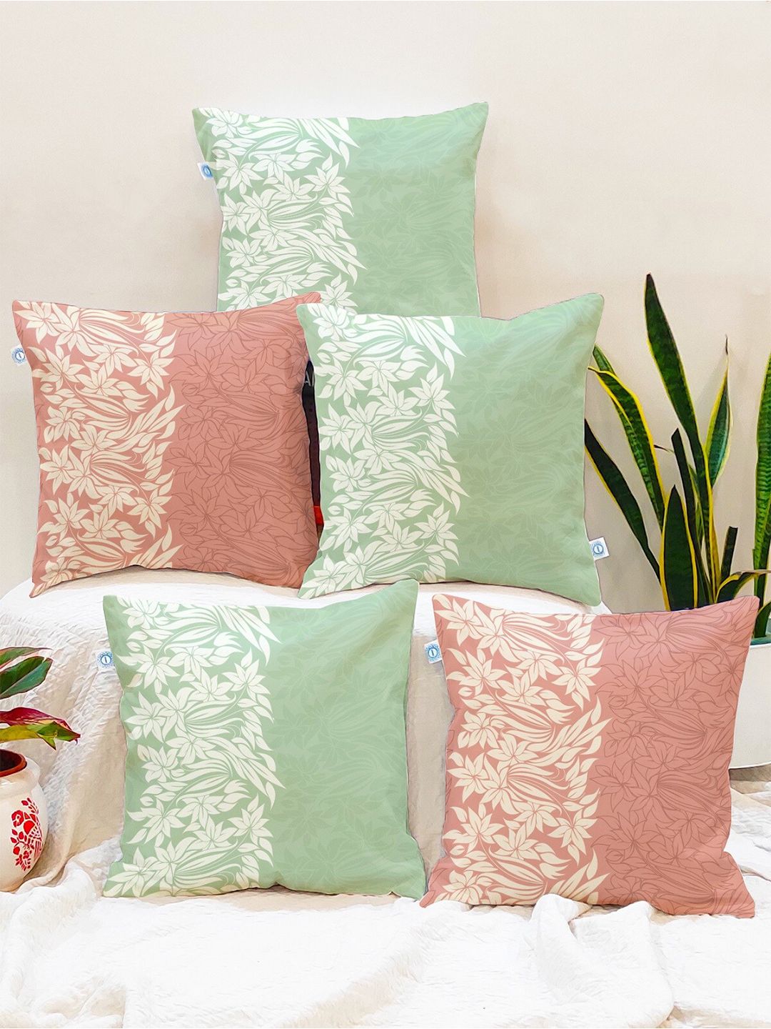 STITCHNEST Teal & Pink Set of 5 Floral Square Cushion Covers
