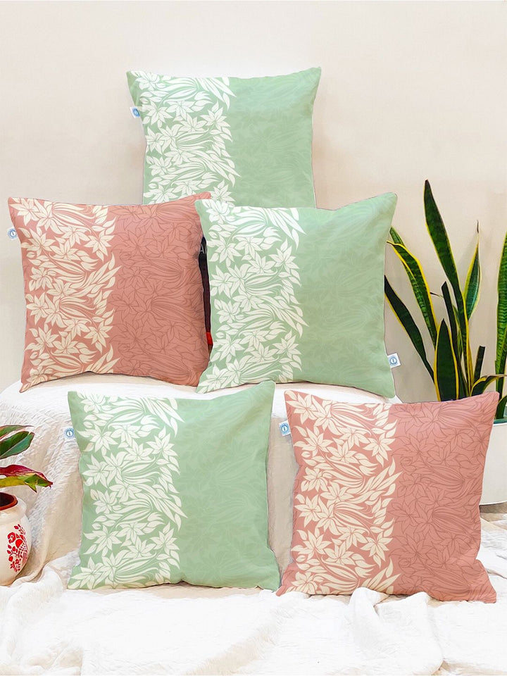 STITCHNEST Teal & Pink Set of 5 Floral Square Cushion Covers