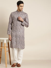 SOJANYA Men Navy Blue & Beige Ethnic Motifs Printed Pure Cotton Kurta