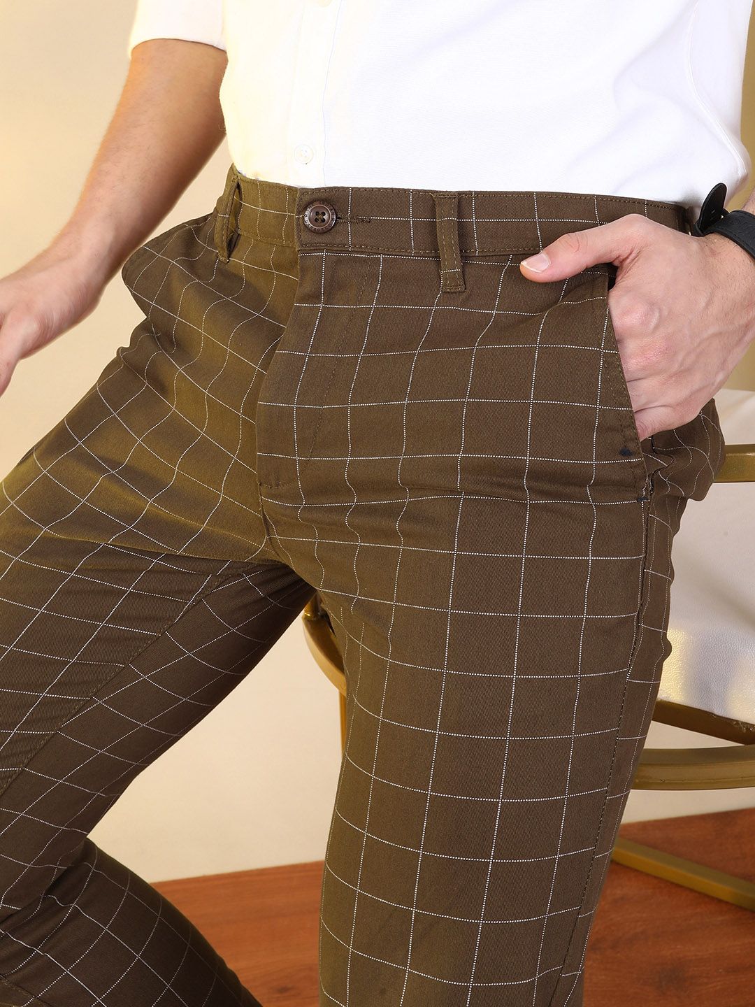 The Indian Garage Co Men Brown Slim Fit Checked Regular Trousers