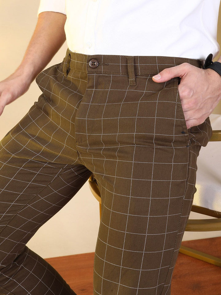 The Indian Garage Co Men Brown Slim Fit Checked Regular Trousers