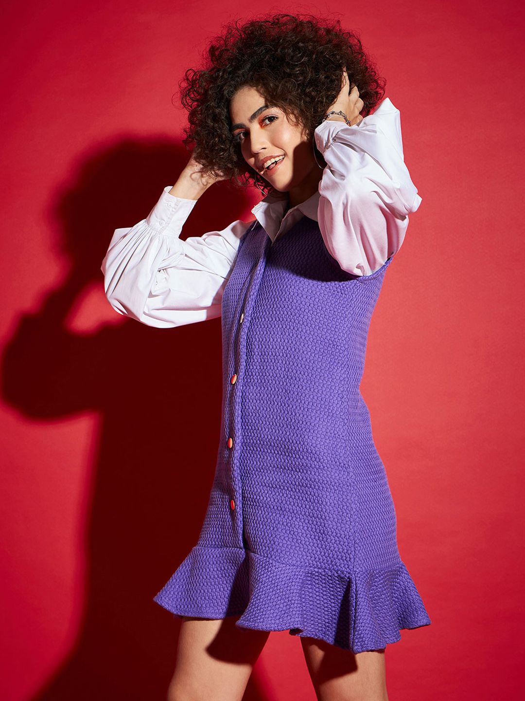 SASSAFRAS Purple Puff Sleeves Shirt Style Mini Dress