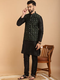 SOJANYA Lelaki Motif Etnik Hijau & Putih Jacquard Kurta & Churidar dengan Jaket Nehru