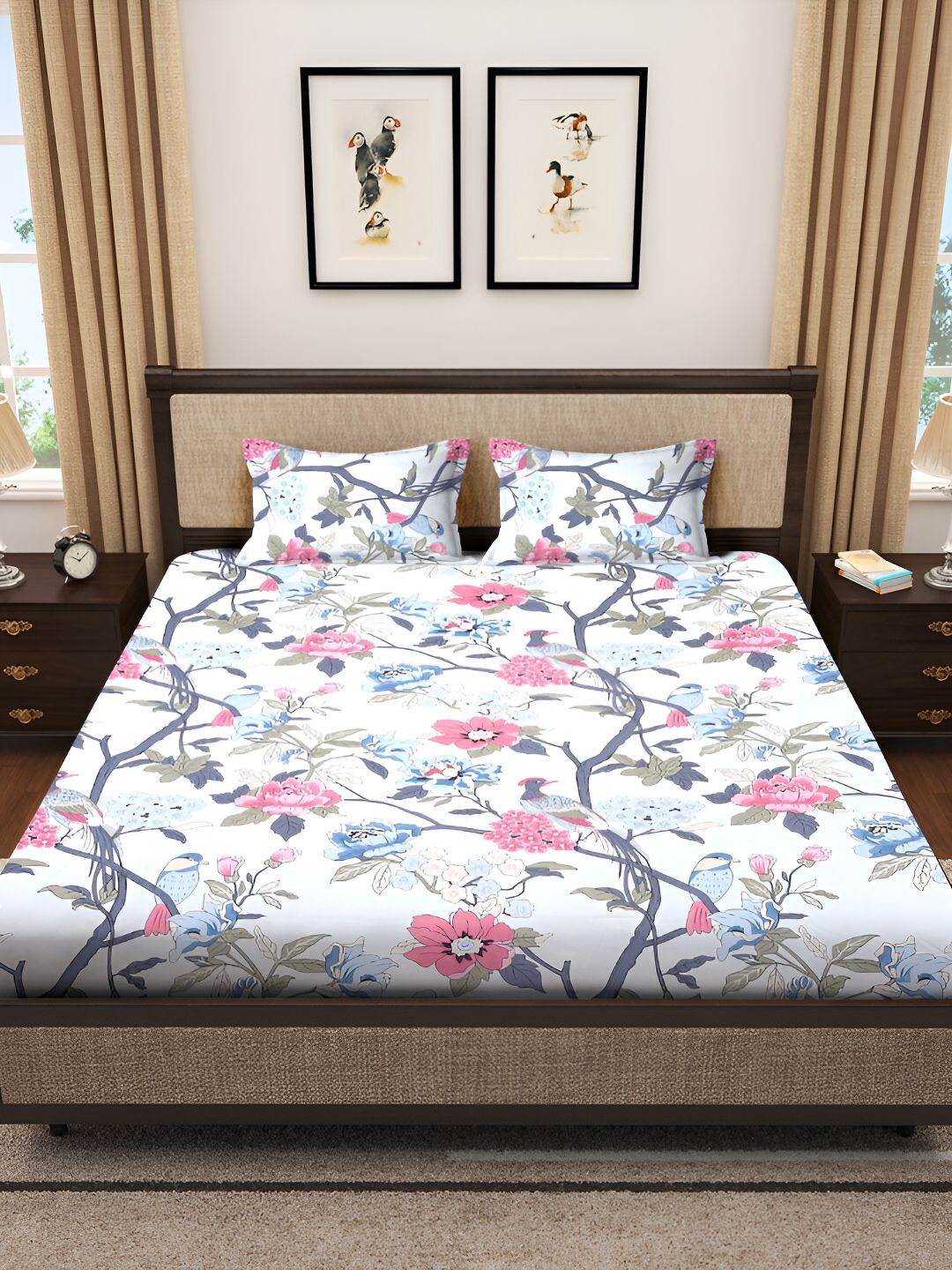 KLOTTHE White Floral Printed 300TC Fitted Double King Bedsheet With 2 Pillow Covers