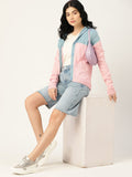 DressBerry Women Blue & Pink Pure Acrylic Colourblocked Hooded Cardigan