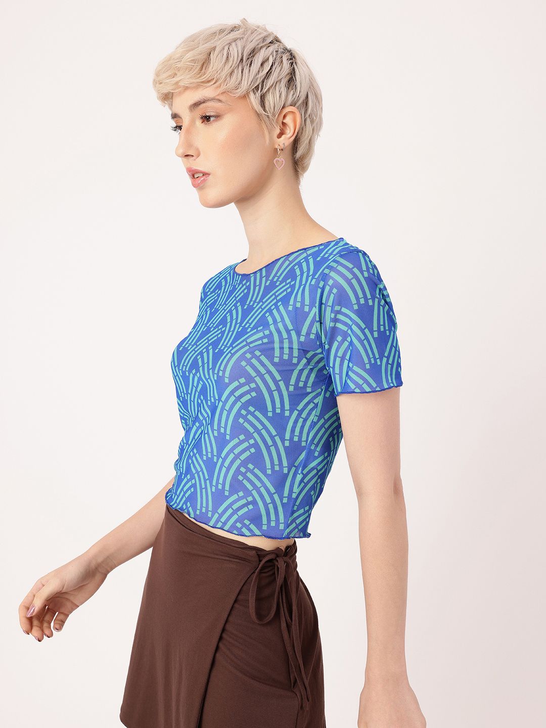 DressBerry Getaway Printed Soft Net Semi Sheer Fitted Crop Top