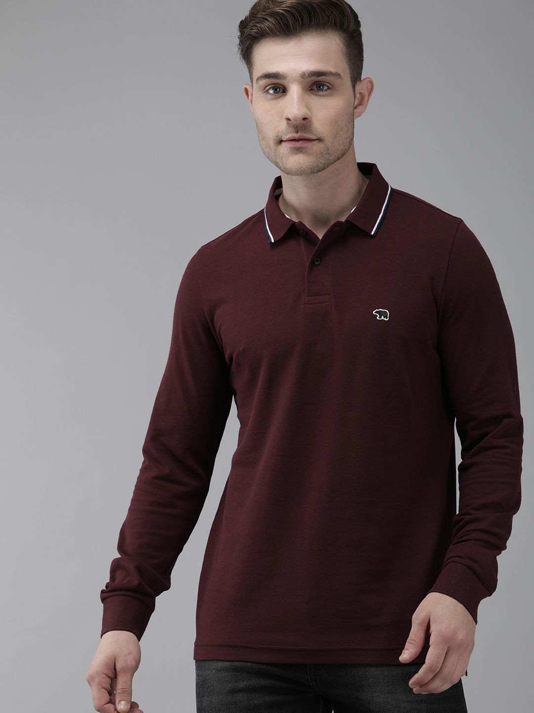 THE BEAR HOUSE Men Maroon Polo Collar Cuffed Sleeves Cotton Applique Slim Fit T-shirt