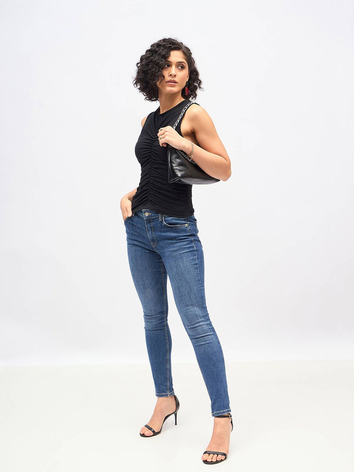 SASSAFRAS Black Sleeveless Ruched Fitted Top