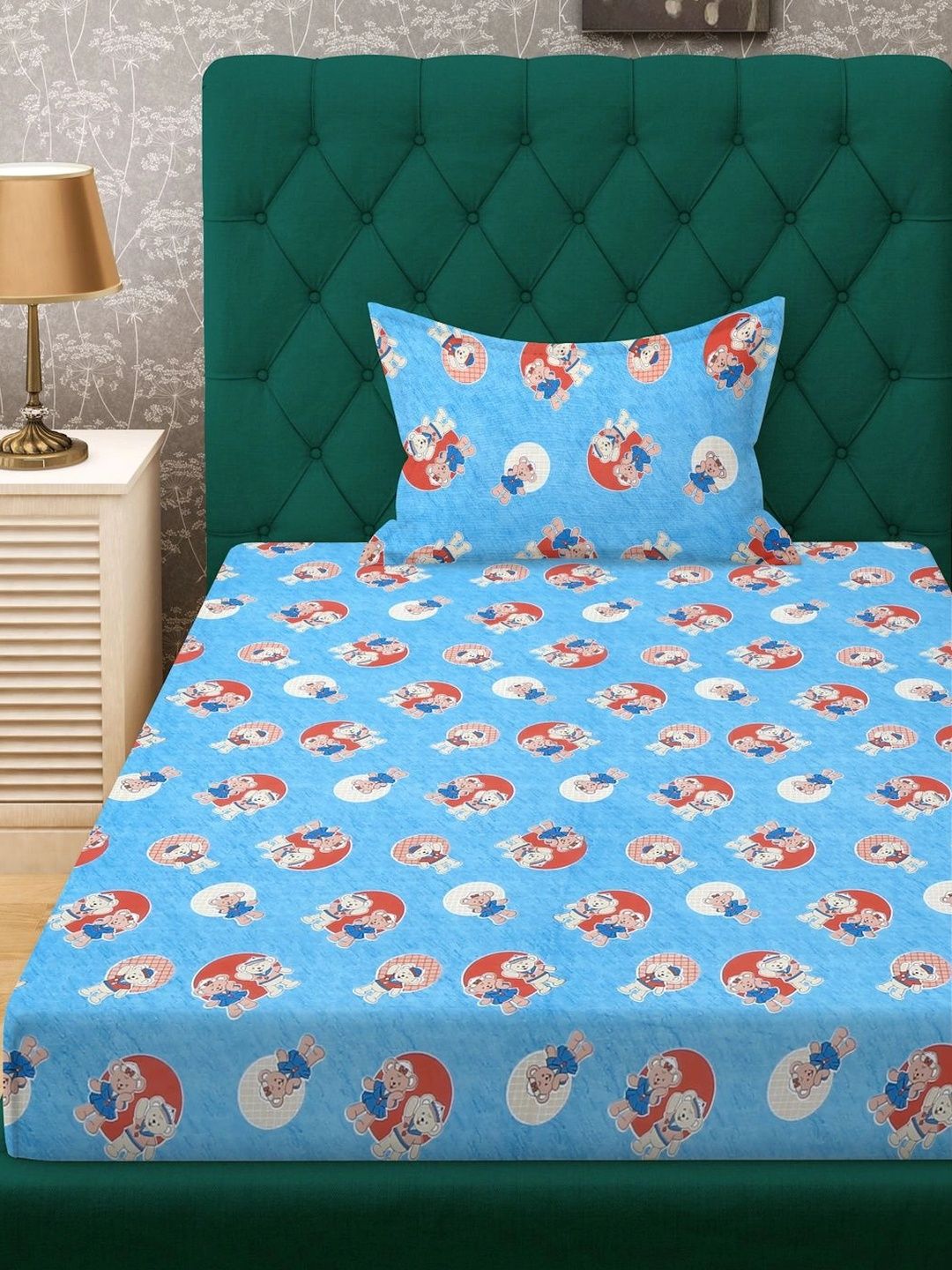 Moda Rapido X KLOTTHE Blue Cartoon Characters 400 TC Single Bedsheet with 1 Pillow Covers