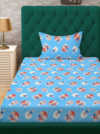 Moda Rapido X KLOTTHE Blue Cartoon Characters 400 TC Single Bedsheet with 1 Pillow Covers