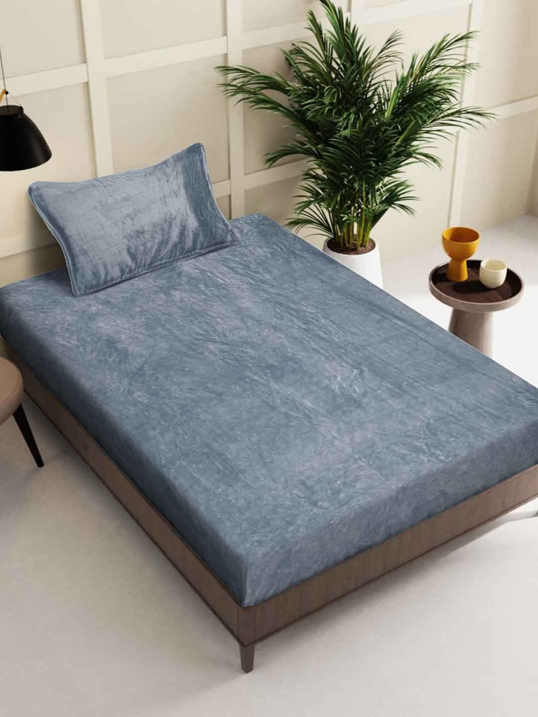 KLOTTHE Grey Woollen 300TC Single Bedsheet With Pillow Cover