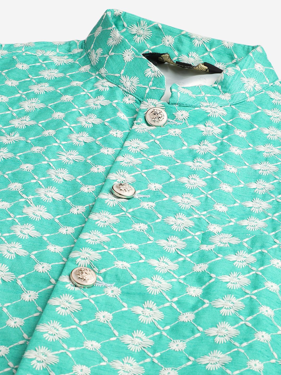 SOJANYA Set Kurta Sulam Lelaki Motif Etnik Biru Dengan Jaket Nehru