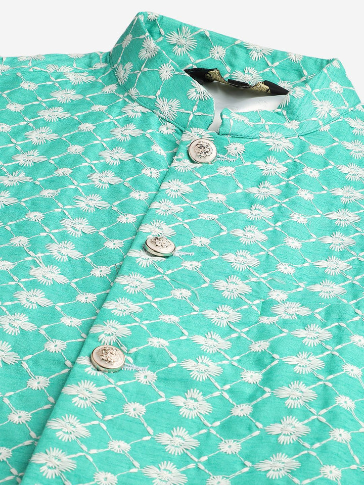 SOJANYA Set Kurta Sulam Lelaki Motif Etnik Biru Dengan Jaket Nehru