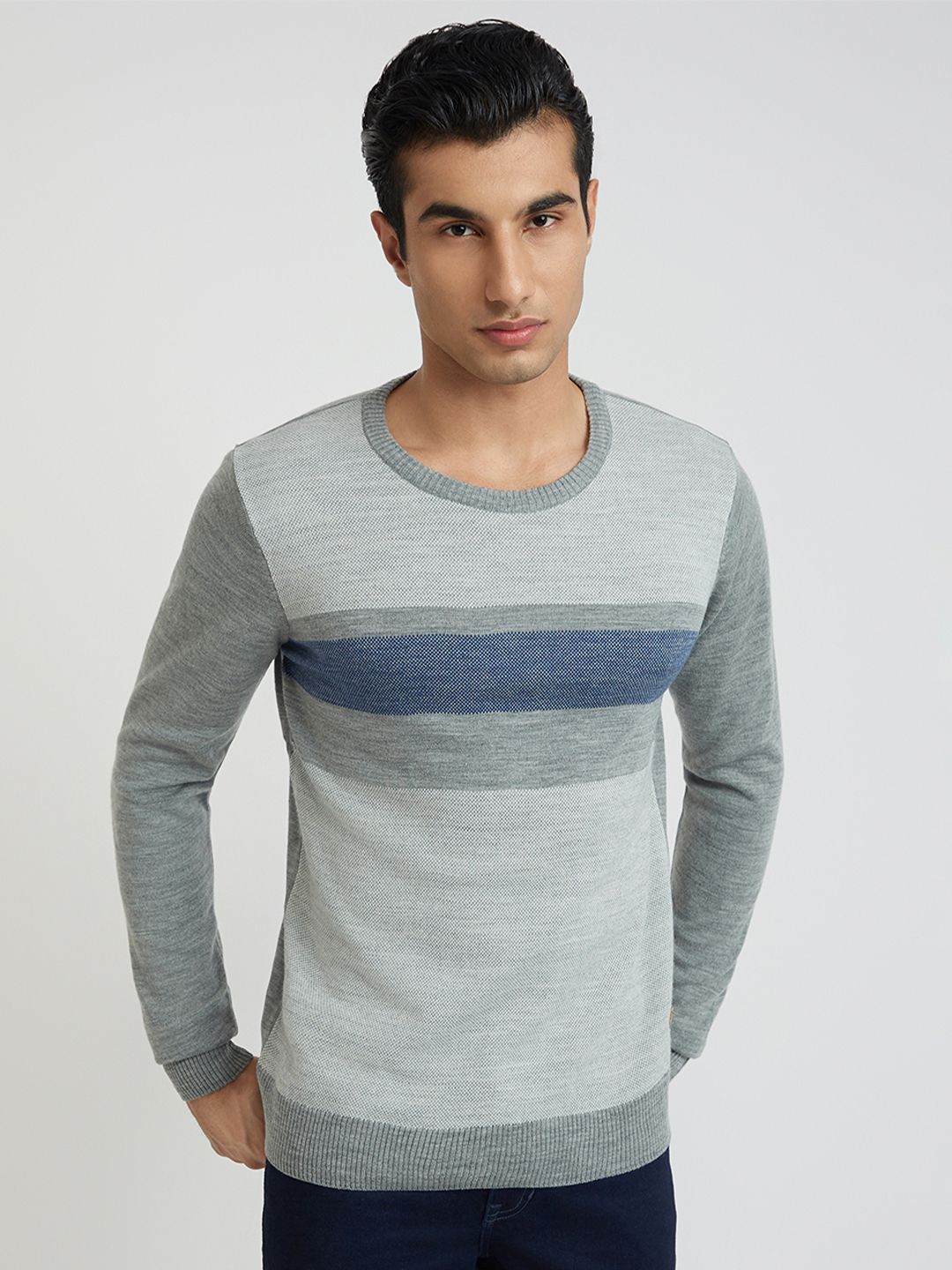 Raymond Men Grey Melange & Blue Striped Woolen Pullover