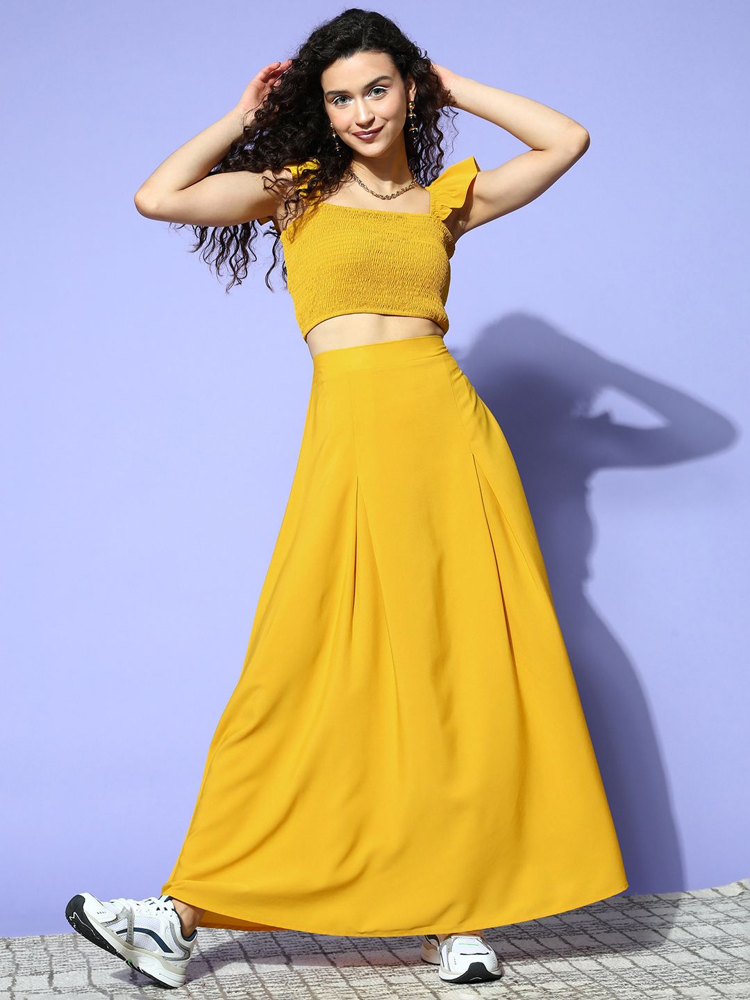 Berrylush Women Mustard Solid Top with Skirt