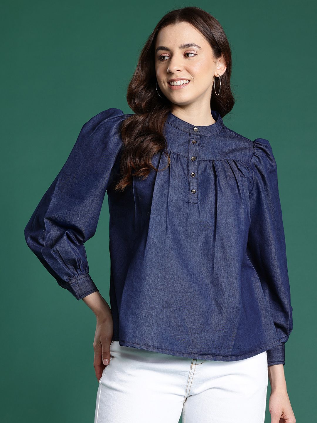 DressBerry Mandarin Collar Chambray Top