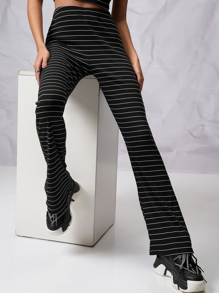 Tokyo Talkies Women Black & White Striped Flared High Rise Bootcut Trousers