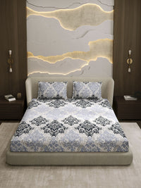 Monte Carlo Grey & White Printed Cotton 104 TC Queen Bedsheet Set 2.24 m x 2.54 m